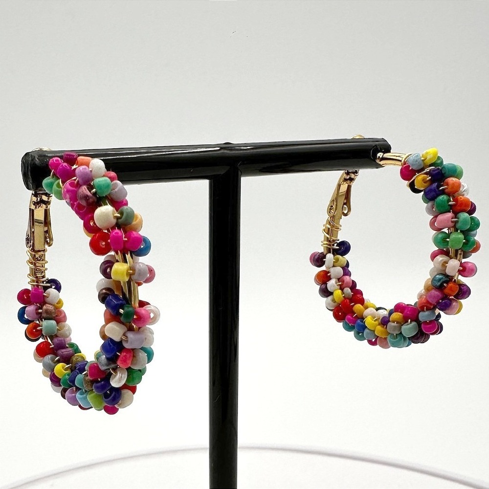 Vintage Multicolor Seed Bead Hoop Earrings Gold Tone Chunky Statement Pride Boho
